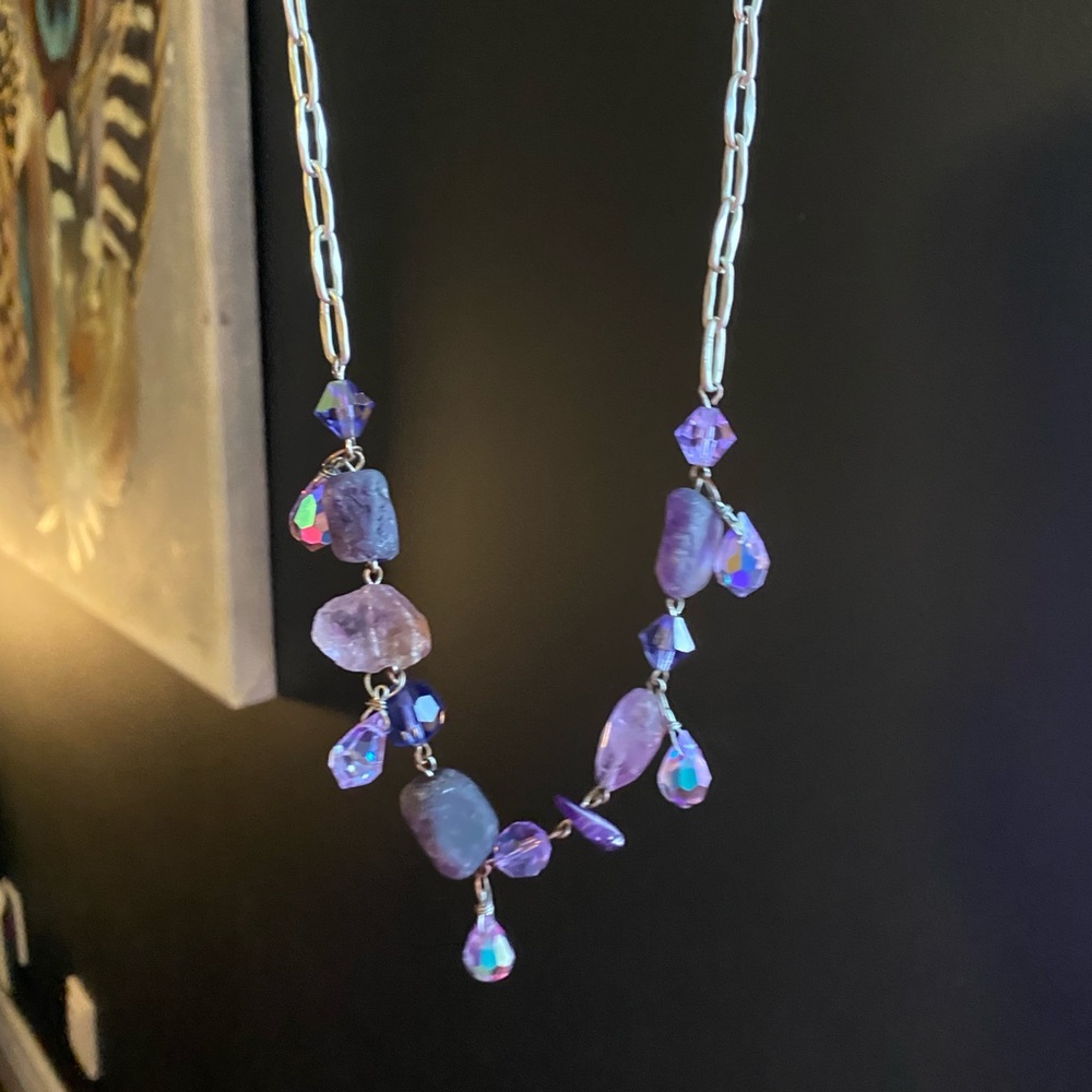 Amethyst, crystal and sterling silver necklace